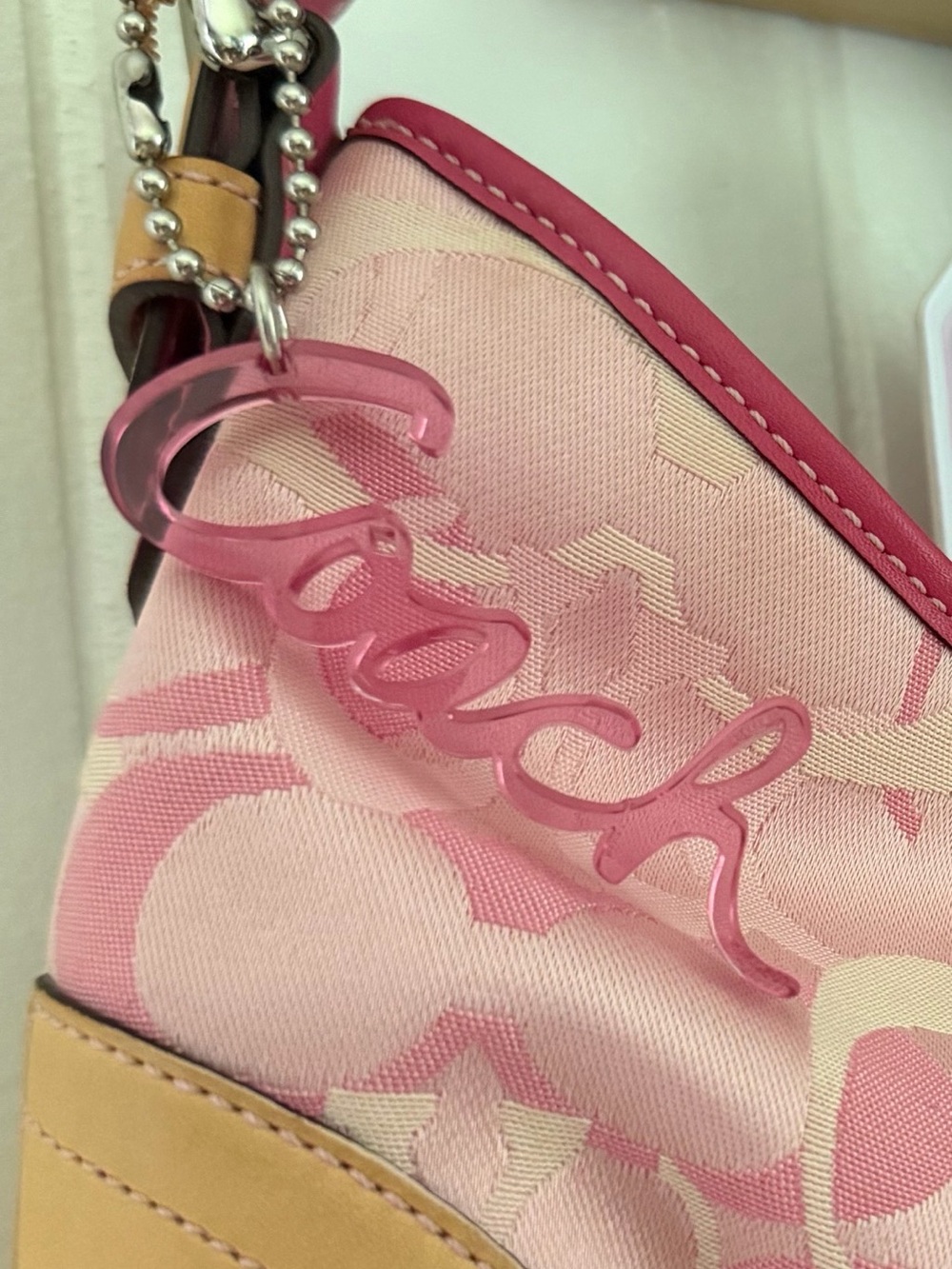 Vintage Y2K Coach Poppy Pink Resin Script Bag Charm Fob Hangtag